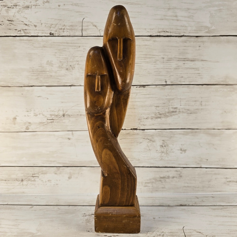 VTG Hand Carved Wood Abstract Face Sculpture Mid Century Modern Folk‎ Art 12in